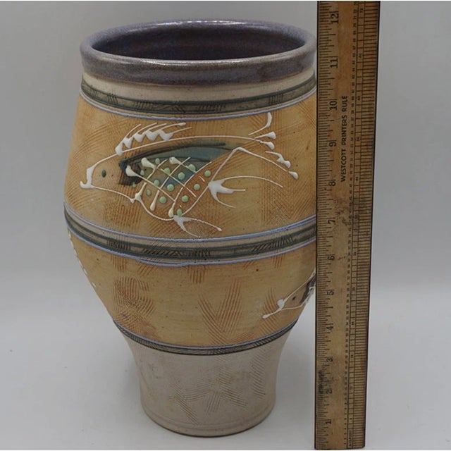 Studio Art Pottery Sgraffito Fish Vase Signed 11" Stoneware Slip Trail Celadon For Sale In Pittsburgh - Image 6 of 9