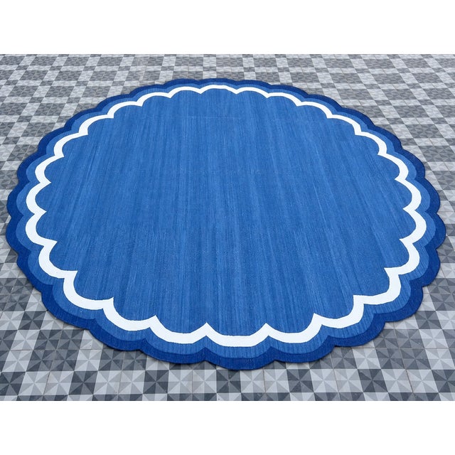 Mid-Century Modern Handmade Cotton Round Scalloped Rug, Sky Blue, Cream and Royal Blue Border Dhurrie-12' Round For Sale - Image 3 of 10