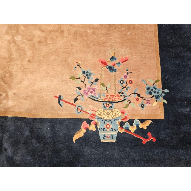 Vintage Hand-Knotted Chinese Art Deco Rug, Wool Pagoda Floral Motif, 9' x 12' For Sale - Image 14 of 17