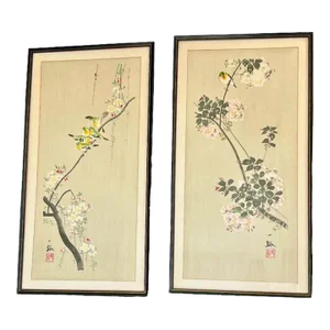 Mid-Century Japanese, Watercolors on Silk, Artist Signed, Framed, Pair (2)