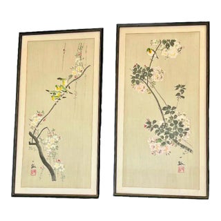 Mid-Century Japanese Watercolors on Silk, Artist Signed, Framed, Pair For Sale