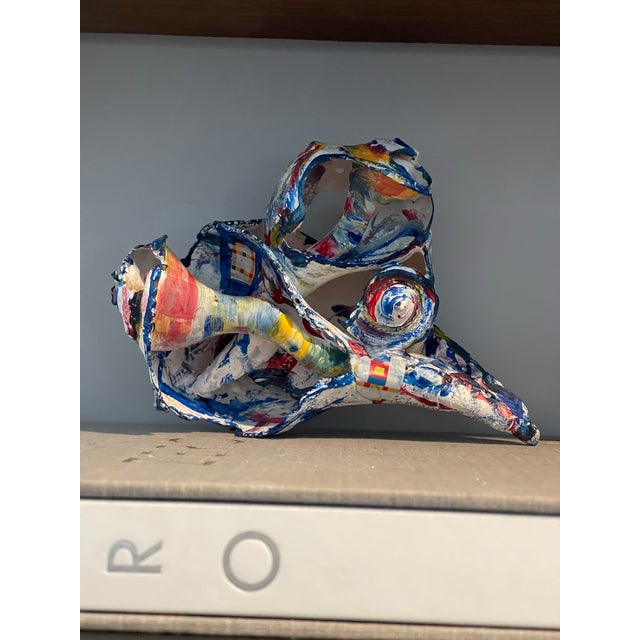 Royal Blue Cheryl Fudge “Mondrian’s Dream Wave” – Signed Painted Shell Sculpture, Nantucket Coastal Abstract For Sale - Image 8 of 12