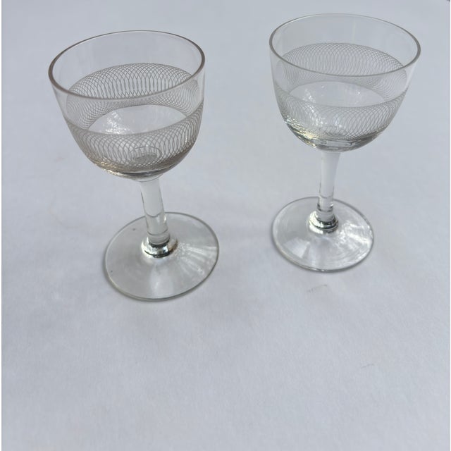 Clear Wheel-Etched Cordial Vintage Glasses - A Pair For Sale - Image 12 of 14