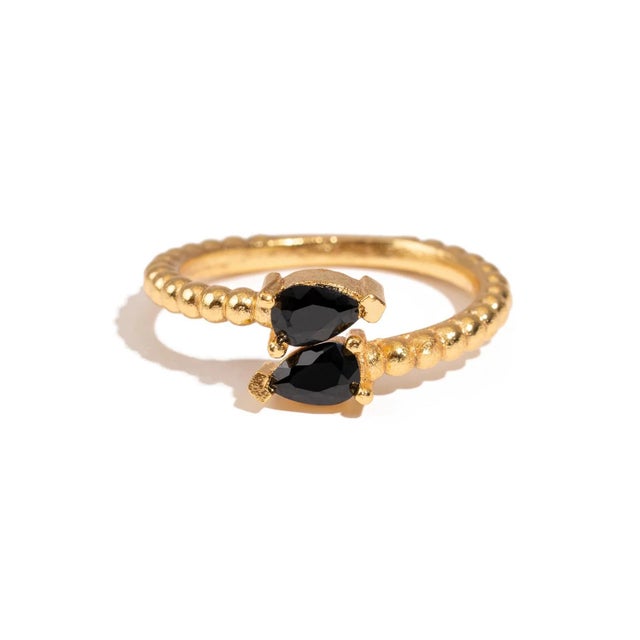 Black Onyx Teardrop Glow Gold Adjustable Ring, Size 8 For Sale - Image 10 of 10