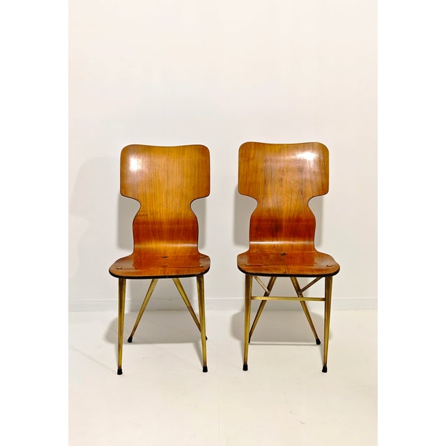 Curved Wooden Chairs with Brass Legs, 1970, Set of 4 For Sale - Image 13 of 18