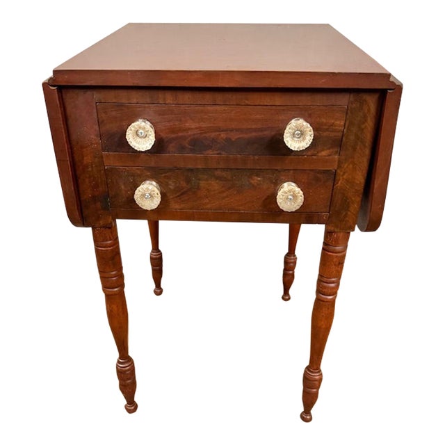Antique American Sheraton 2 Drawer Dropleaf Cherry Work Table For Sale