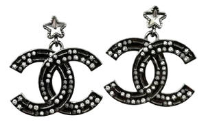 Chanel Brand New Gunmetal Star CC Dangle Piercing Earrings - Set of 2