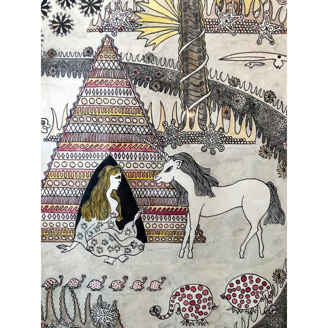 Surrealism Laurence Donovan, Mod Surrealist 1970's Drawing Watercolor Painting Jungle Fantasy, Unicorn, Lion, 1974 For Sale - Image 3 of 12