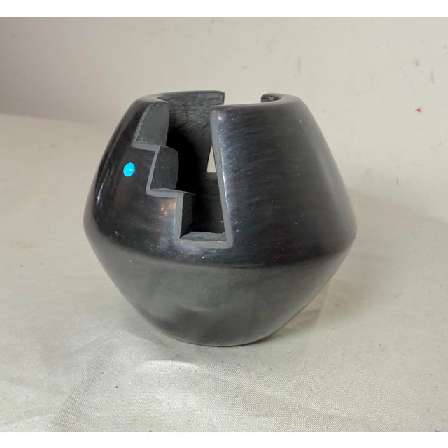 Item Title: Vida Baca Native American Zuni Carved Black Pottery Miniature Bowl With Inlaid Turquoise Motif Santa Clara...