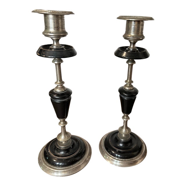 Early 20th Century French Ebony Candlestick Holders- Set of 2 For Sale