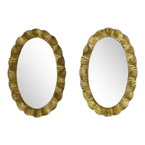 Contemporary, Oval Wall Mirrors, Scallop Motif, Murano Glass, Gilt Gold, Italy, 2023