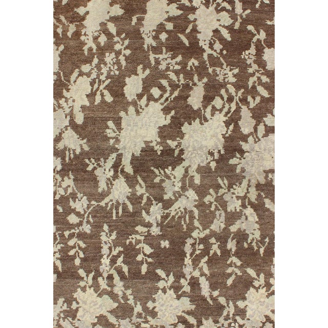 Turkish Mocha Vintage Turkish Oushak Rug With Free-Flowing Green & Cream Flower Blossoms For Sale - Image 3 of 7