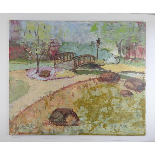 French 1971 Impressionist Park Landscape With Bridge Painting For Sale - Image 3 of 3