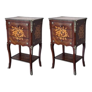 19th Century Pair of Italian Louis XV Marquetry Nightstnds With Drawers & Shelve For Sale