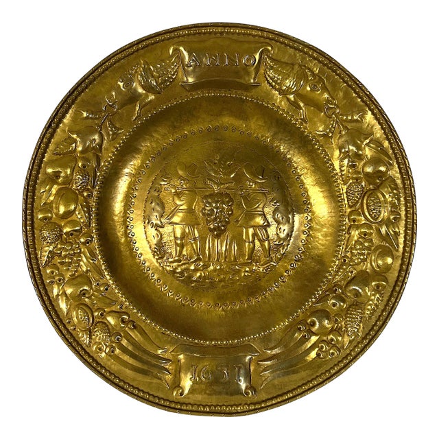 Large Figural Antique Brass Tray. English Wall Hanging 'Anno 1631 For Sale