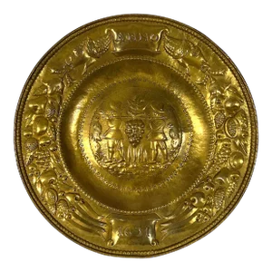 Large Figural Antique Brass Tray. English Wall Hanging 'Anno 1631