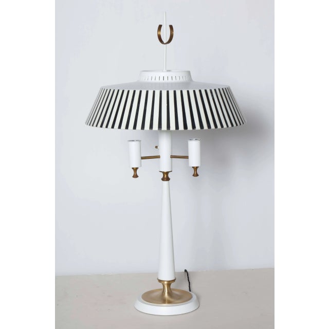 1950s 1950s Gerald Thurston White Triple Candlestick Lamp With Black & White Stripe Shade For Sale - Image 5 of 11