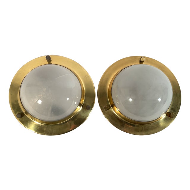 LSP6 Tommy Model Ceiling Lights in Brass Structure and Frosted Glass Lampshade by Luigi Caccia Dominioni for Azucena, 1950s, Set of 2 For Sale