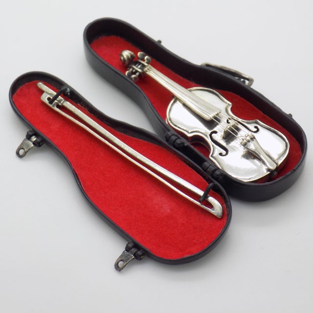 Vintage Italian Handmade Genuine Silver Violin Miniature with Metal Case by Sacchetti Silversmith, 1970s For Sale - Image 3 of 16