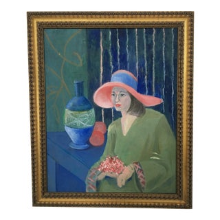 1960s "Pink Hat" Female Vintage Portrait Painting For Sale