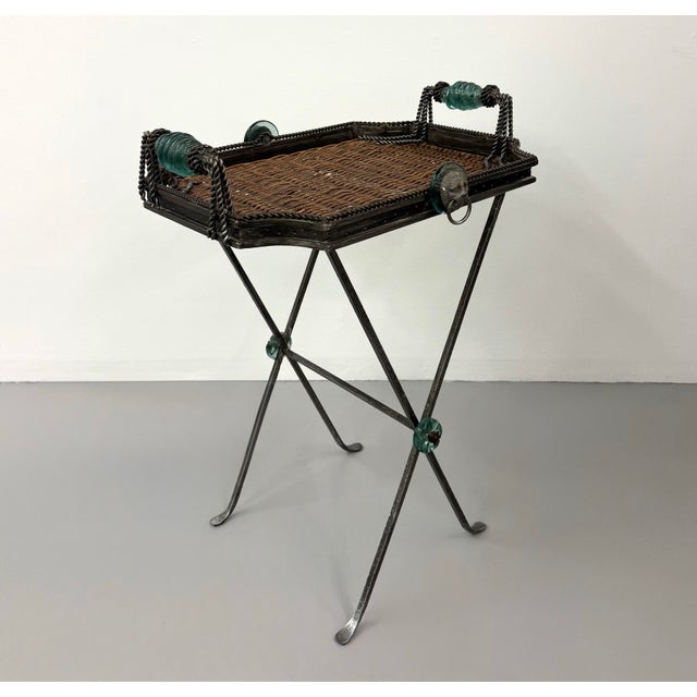 Late 20th Century Vintage Maitland-Smith Metal, Woven Rattan & Glass Tray Table For Sale - Image 5 of 7
