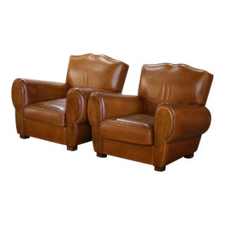 Mid 20th Century Pair of Mid-Century French Art Deco Tan Leather Club Armchairs "Moustache Syle" For Sale