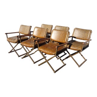 Set of Six Vintage Mid Century Modern Brown Dining Room Chairs X Base For Sale