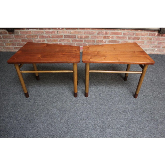 Wood Pair of Mid-Century Walnut, Leather and Mahogany Wedge End Tables by Dunbar For Sale - Image 7 of 12