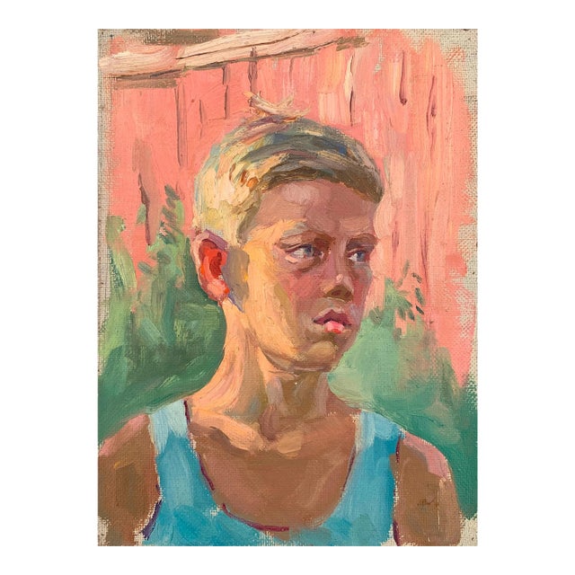 1960s Soviet Child Portrait, Original Oil Painting, Ukrainian Artist 30-22 For Sale