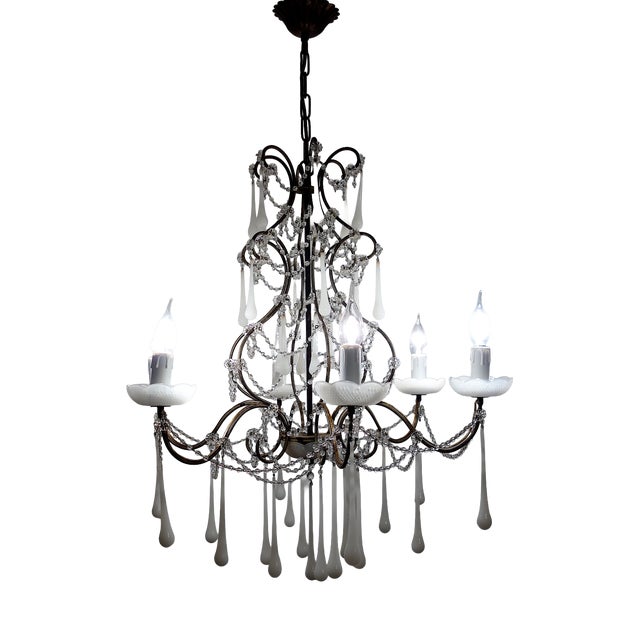Metal and Murano Glass Six-Light Drop Chandelier, 1950s For Sale