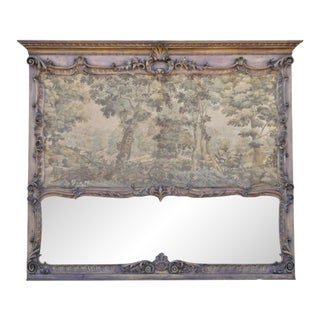 Antique French Tapestry Louis XV Rococo Carved Wood Overmantle Trumeau Mirror For Sale