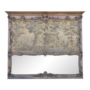 Antique French Tapestry Louis XV Rococo Carved Wood Overmantle Trumeau Mirror