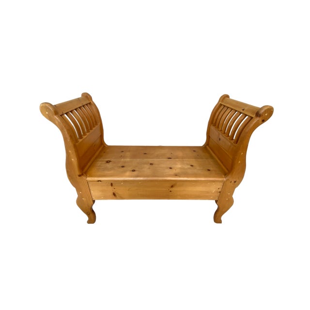 Farmhouse Pine Bench W/Custom Linen Cushion For Sale - Image 3 of 7