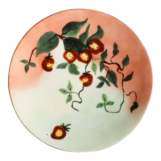 Antique Round Pink and Green Ceramic Decorative Strawberry Dish or Catchall - 1900s Signed For Sale