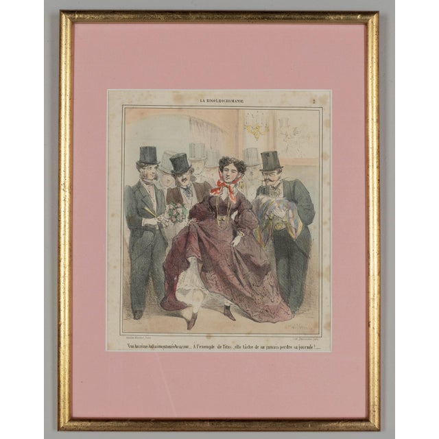 A set of six 19th century French hand colored lithographs from the series entitled La Rigolbochomanie depicting the craze...