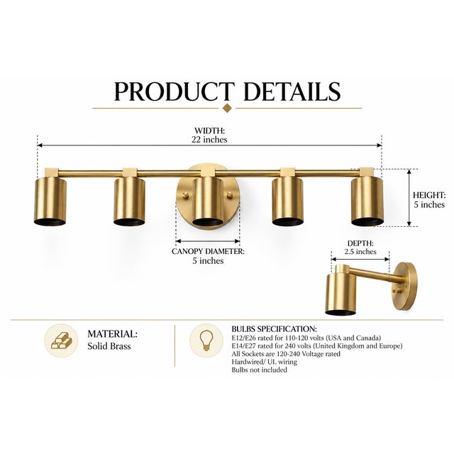 Metal Handcrafted Brass 5-Light Vanity Sconce, Cylinder Bathroom Mirror & Wall Light For Sale - Image 7 of 8