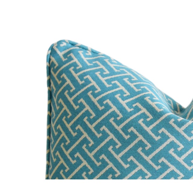 Custom-tailored designer pillow in a sky-blue and white modern contemporary cotton-blend fabric depicting a beautiful...