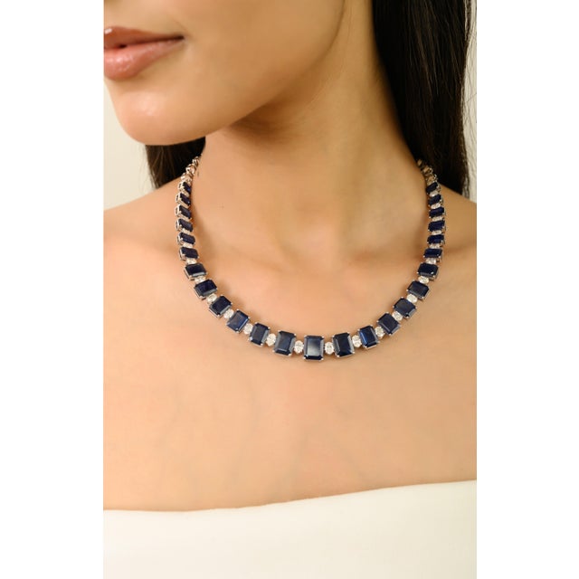 Navy Blue VRJewels 47.64Ct Blue Sapphire & 6.19Ct Diamond Tennis Necklace in 18k White Gold For Sale - Image 8 of 14