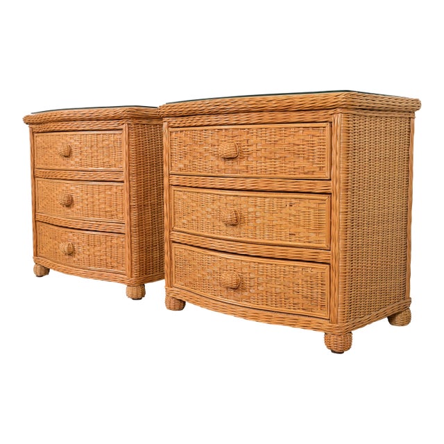 Ralph Lauren Style Organic Modern Woven Wicker Rattan Bedside Chests, Pair For Sale