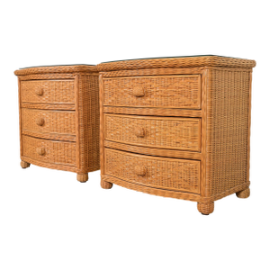 Ralph Lauren Style Organic Modern Woven Wicker Rattan Bedside Chests, Pair