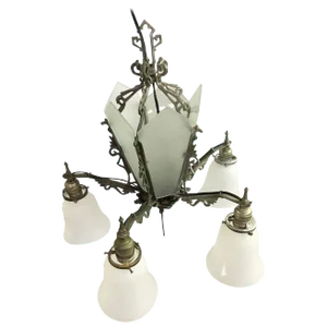 Art Deco Slat Glass Hanging Light Chandelier With Geometric Details