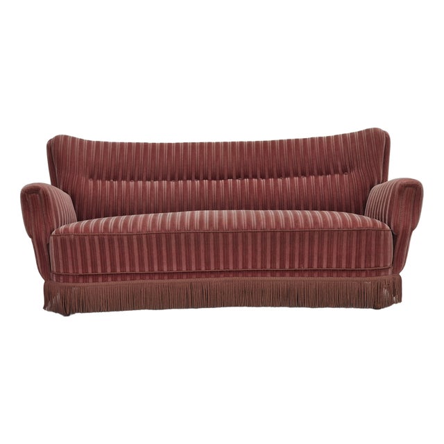 Danish Curved 3-Seater Sofa in Salmon Pink Furniture Velour, 1960s For Sale