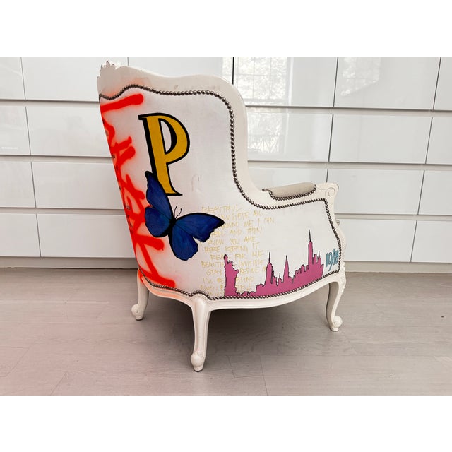 Pair of Bespoke Jimmie Martin Hand-Painted White Leather Graffiti Armchairs For Sale - Image 13 of 18