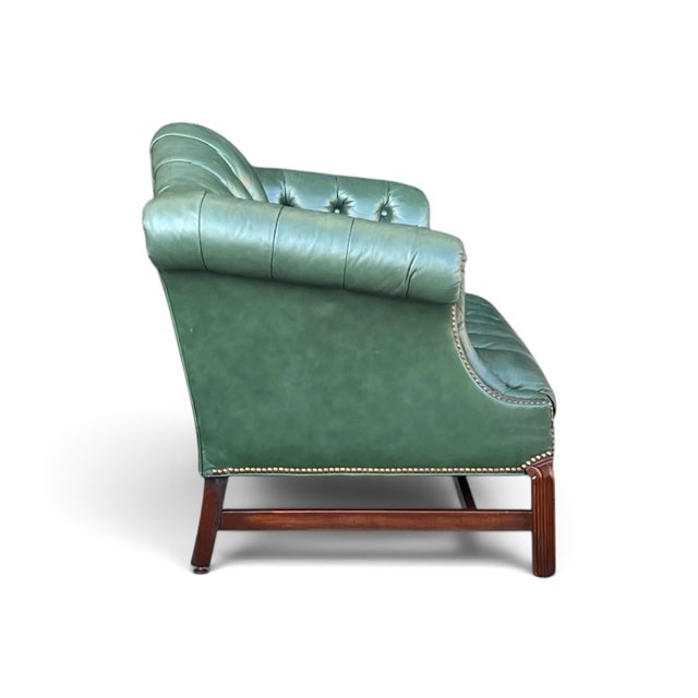 Vintage English Chippendale-Style Forest Green Tufted Leather Camelback Settee For Sale - Image 9 of 15