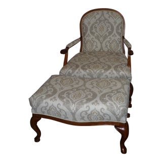 Vintage Ivory Print Bergere and Ottoman For Sale