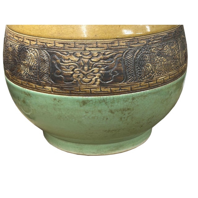 Green Orient Crackle Green Dragon Motif Ram Heads Artistic Pottery Ceramic Vase For Sale - Image 8 of 15
