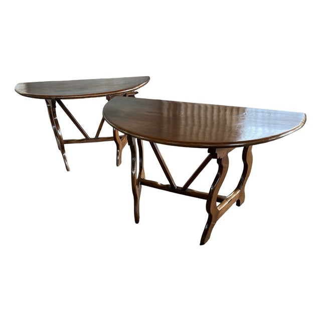 Italian Demi Lune Console Tables in Walnut, Set of 2 For Sale