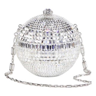 2015 Judith Leiber Disco Sphere Ball Rhine Ballroom Silver Bag Minaudière Crystal Shoulder Clutch For Sale