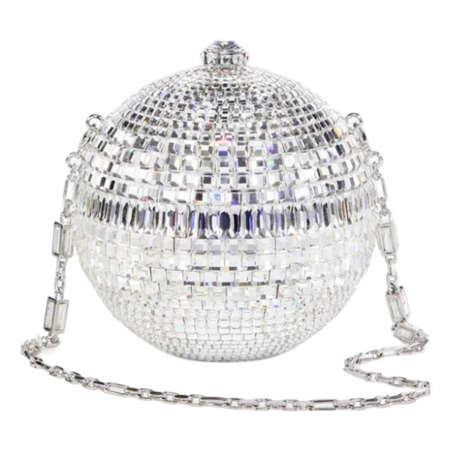 2015 Judith Leiber Disco Sphere Ball Rhine Ballroom Silver Bag Minaudière Crystal Shoulder Clutch For Sale