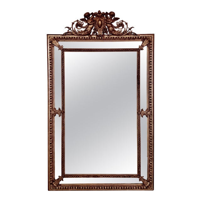 French 19th Century Large Vertical Gold Gilt Mirror with Cherub crest For Sale